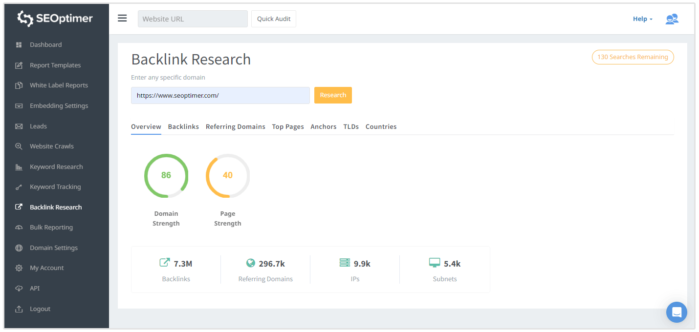 Backlink research tool screenshot